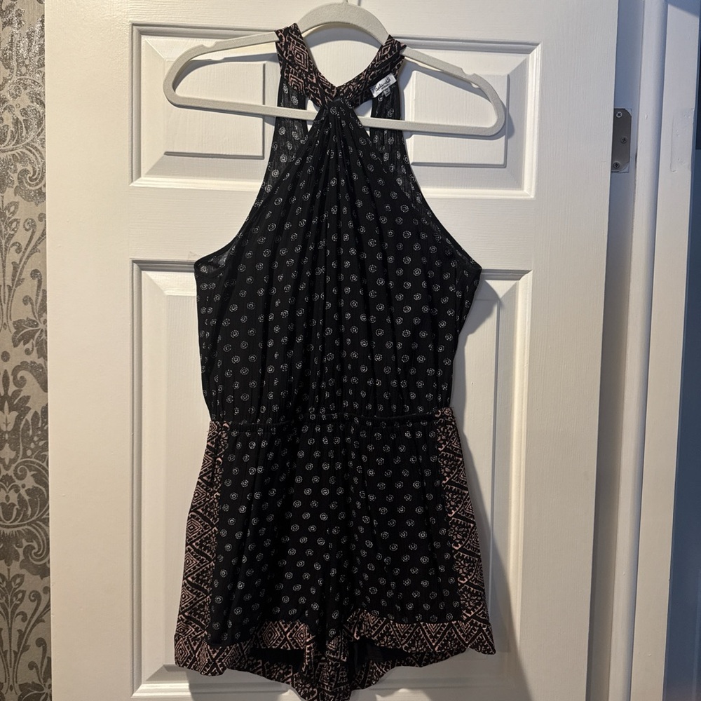 Splendid Black and Pink Patterned Halter Romper